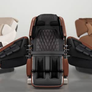 a massage chair with a black and brown cushion